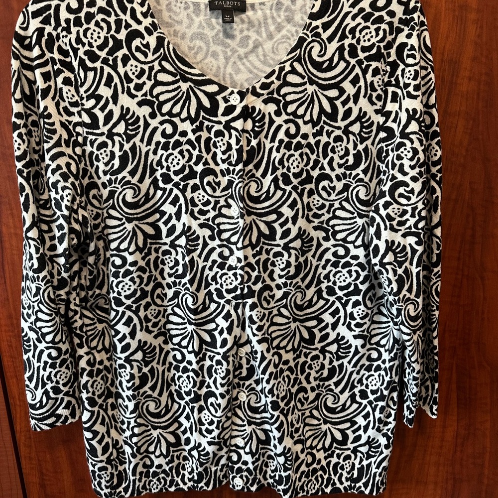 Talbots Monochrome Floral Women's Cardigan Cotton Blend Size Lp